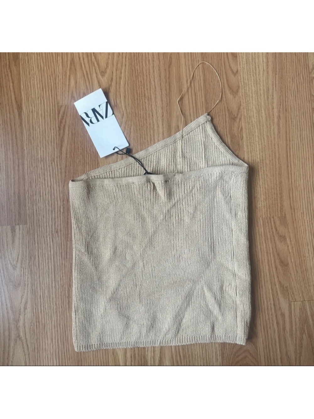 Zara Asymmetric One-Shoulder Ribbed Camisole in Beige - Picture 4 of 5